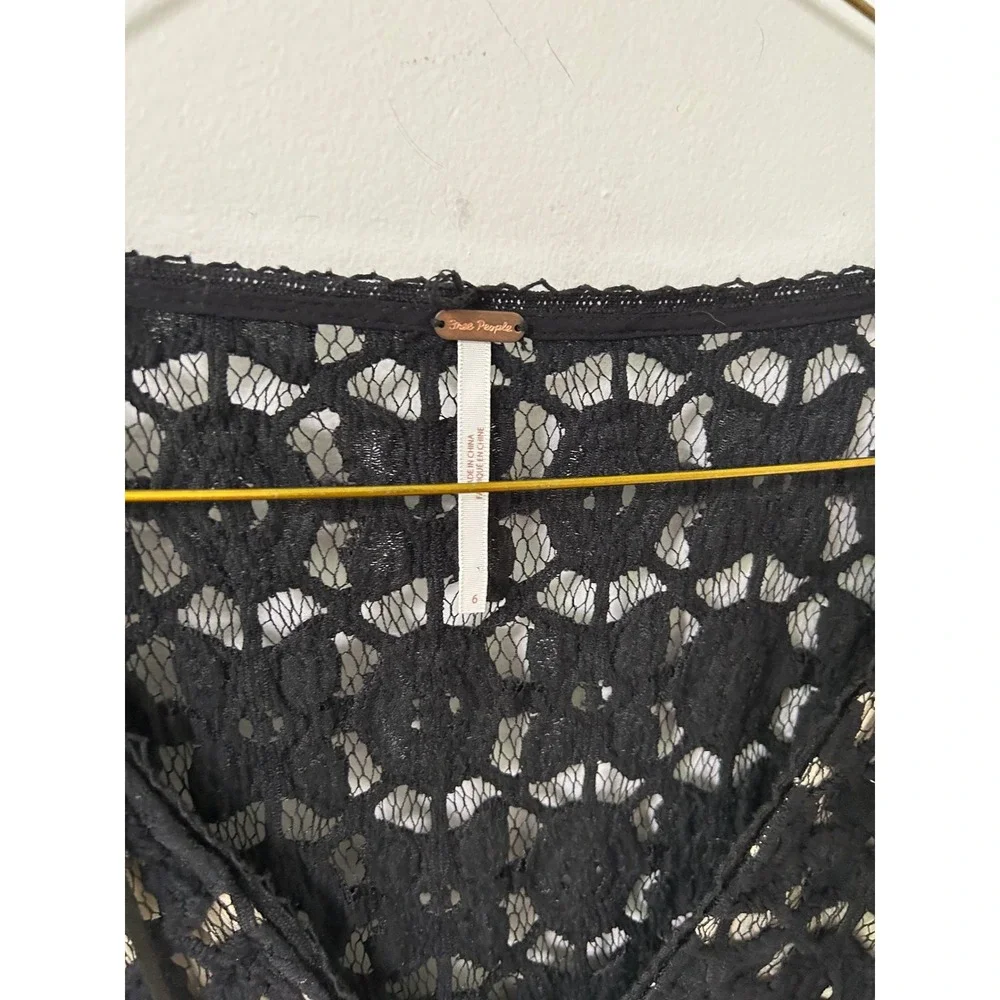 Free People Black Crochet Lace Bell Sleeve Mini Dress Lace Up Front Size 6